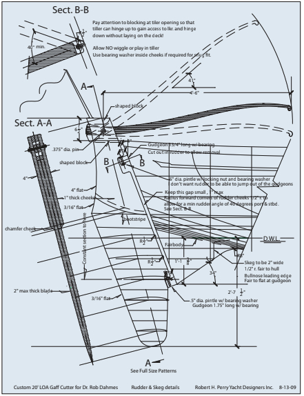 This drawing shows the rudder arrangement for a 20-foot gaff cutter. On it, the designer (Robert Perry) provides dimensions and detailed instructions for for the builder to follow when constructing the rudder and assembling it to the transom and the skeg.