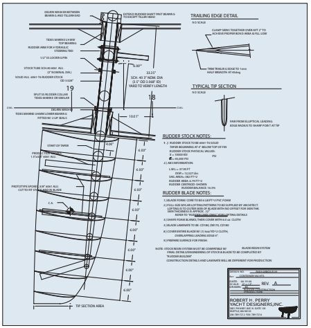 This drawing (much larger than this) is typical of what Bob Perry would supply to a boatbuilder. It shows the main construction features of the rudder (in this case a spade) and how it attaches to the boat.