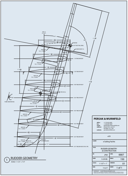Jeremy Wurmfeld of Persak & Wurmfeld supplied this drawing of the rudder for the e33. The thick foils and short chord are typical for a high-performance daysailer of this type.