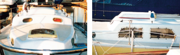 From every angle, the sea hood blends into the boat’s original lines. Its crown follows that of the cabintop, far left, and its forward face follows the slope of the step in the cabin, near left.