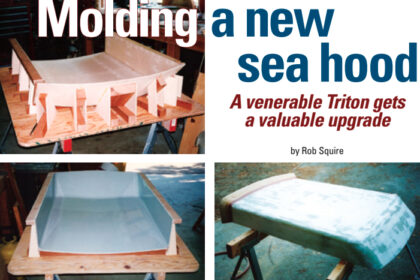 Rob constructed the mold for his sea hood out of wood, at top. After filleting the inside corners and coating the surfaces with filled epoxy, he sanded everything smooth, then applied Brightside polyurethane paint to create a gloss surface that would accept mold release polish, above left. After pulling the sea hood from the mold, Rob attached the rail to the aft end, above right.