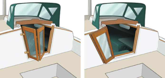 Because of the geometry of the companionway, Gary had to trim the bottoms of the doors so they would lie flat against the bulkhead when open. A benefit of the companionway being offset from the boat’s centerline is the open doors don’t compromise the cockpit seating.