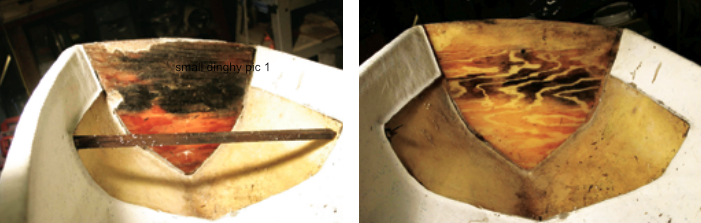 With the seat removed, it was apparent that the entire plywood bow former was saturated with water. The darker colored wood was in various stages of rot, at left. After the plywood former was removed from the bow, the pattern of the plywood remained on the fiberglass, at right.
