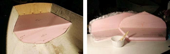 Testing the fit of the bow seat before applying fiberglass, at left. Prior to installing the foam seats, Darren applied a fillet of thickened epoxy to their inside corners and covered their inside surfaces with a layer of fiberglass cloth.