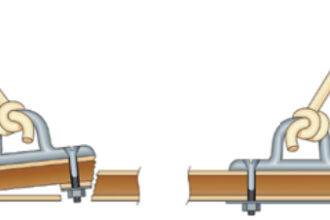 Inadequate backing under highly loaded hardware can lead to failure of the deck laminate, at left. Substantial backing plates prevent this by distributing the loads, at right.