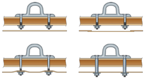 A deck liner might conceal fasteners, above left, unless access hatches are fitted, above right. A liner should not bear loads, below left. Compression tubes are a partial solution, below right.