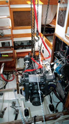 The engine in Iron Mistress can be extracted to allow access for inspecting and spot-blasting the bilge.