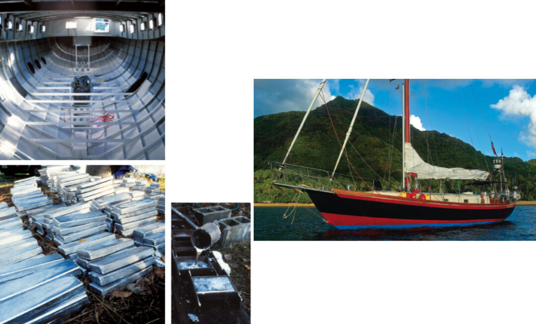 Iron Mistress, seen here at anchor in Nuku Hiva, at right, has survived 25 years and has sailed around the world. Robert melted wheel weights for her ballast, below and at left, and took steps to ensure her longevity from the time she was a bare hull, above left.
