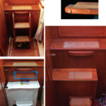 Benjy wanted his companionway steps to work harder so, starting with a mockup, opposite page at bottom, he built a box that was steps, a seat, and a trash receptacle, below. Leather, rolled up and glued into a hole, softens impacts with the head door, above.