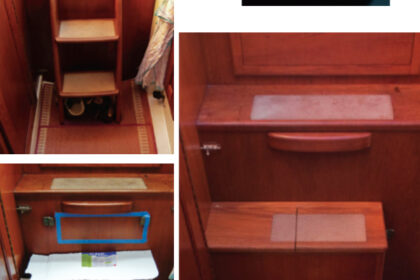 Benjy wanted his companionway steps to work harder so, starting with a mockup, opposite page at bottom, he built a box that was steps, a seat, and a trash receptacle, below. Leather, rolled up and glued into a hole, softens impacts with the head door, above.