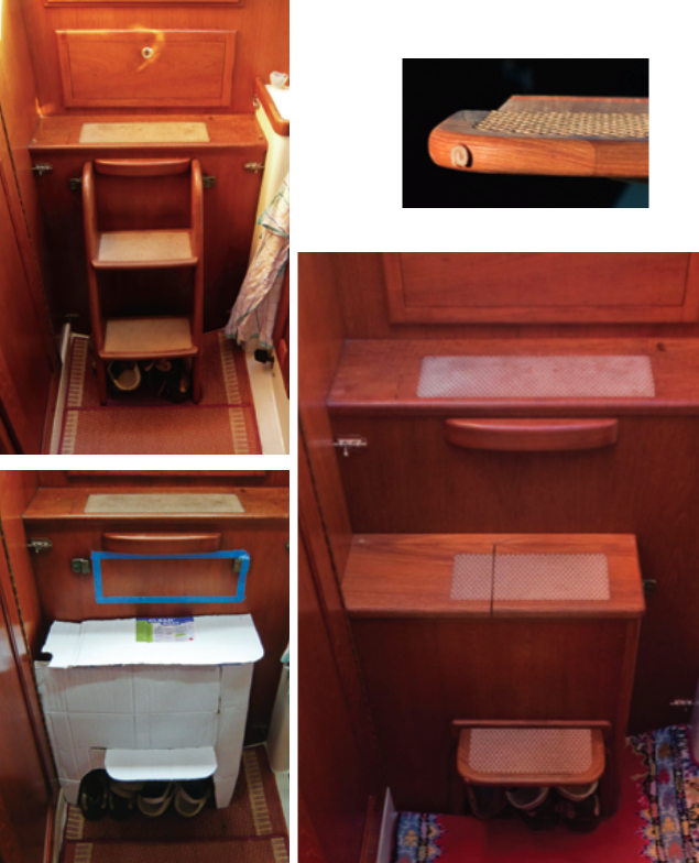 Benjy wanted his companionway steps to work harder so, starting with a mockup, opposite page at bottom, he built a box that was steps, a seat, and a trash receptacle, below. Leather, rolled up and glued into a hole, softens impacts with the head door, above.