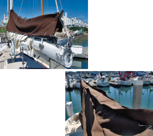 Before sewing all the pieces together, Ron test-fitted the sailcover in case he wanted to make adjustments, above. A flap covers the zipper to protect it and the sail from sunlight and to keep out as much rain as possible, below.