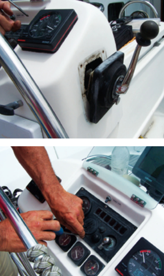 Getting to the problem end of the throttle cable, at left, entailed removing the engine instrument panel, at bottom.