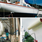 After her roll-on paint job, Caribee looked as good as new, if not better, on facing page. Her gleaming finish was the product of meticulous preparation, at left above, followed by a learn-on-the-job process in which Randy discovered many tricks that helped him mix and apply the paint to best effect. There was no time for photography while painting, so Jim Taylor supplied the photo of the special roller, at right above.