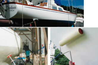 After her roll-on paint job, Caribee looked as good as new, if not better, on facing page. Her gleaming finish was the product of meticulous preparation, at left above, followed by a learn-on-the-job process in which Randy discovered many tricks that helped him mix and apply the paint to best effect. There was no time for photography while painting, so Jim Taylor supplied the photo of the special roller, at right above.