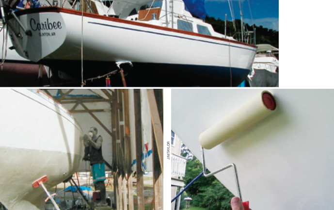 After her roll-on paint job, Caribee looked as good as new, if not better, on facing page. Her gleaming finish was the product of meticulous preparation, at left above, followed by a learn-on-the-job process in which Randy discovered many tricks that helped him mix and apply the paint to best effect. There was no time for photography while painting, so Jim Taylor supplied the photo of the special roller, at right above.