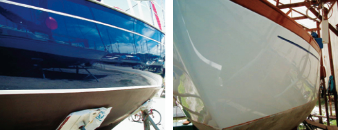 Caribee’s reflection in a neighbor boat, which Randy helped paint, shows that a high-gloss finish highlights imperfections of all magnitudes in the surface it covers, from dust specks to unfairnesses bequeathed by the original hull mold, at left above. By repairing nicks, dings, and scratches, though, it’s possible to get a finish at least as good as the one that emerged from the factory, at right above.