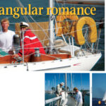 Serendipity had a hand in bringing together the trio of Andy Schell, his fiancee, Mia, and the Allied Seabreeze yawl, Arcturus, on facing page. Mia takes the helm as they sail Arcturus on her delivery voyage to Annapolis, at right. On a romping broad reach, Arcturus touched 8.5 knots surging down waves on, says Andy, “the best sail of my career.” As one of the last steps in a multi-year restoration project, Arcturus’ former owner, Ben Weems, helps Andy bend on the mainsail in preparation for the delivery sail to Annapolis from Oxford, Maryland, below left. Arcturus crosses the starting line of the 2008 Good old Boat Regatta under full sail.