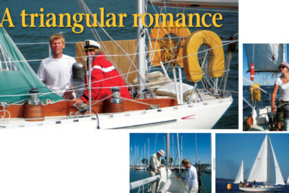 Serendipity had a hand in bringing together the trio of Andy Schell, his fiancee, Mia, and the Allied Seabreeze yawl, Arcturus, on facing page. Mia takes the helm as they sail Arcturus on her delivery voyage to Annapolis, at right. On a romping broad reach, Arcturus touched 8.5 knots surging down waves on, says Andy, “the best sail of my career.” As one of the last steps in a multi-year restoration project, Arcturus’ former owner, Ben Weems, helps Andy bend on the mainsail in preparation for the delivery sail to Annapolis from Oxford, Maryland, below left. Arcturus crosses the starting line of the 2008 Good old Boat Regatta under full sail.