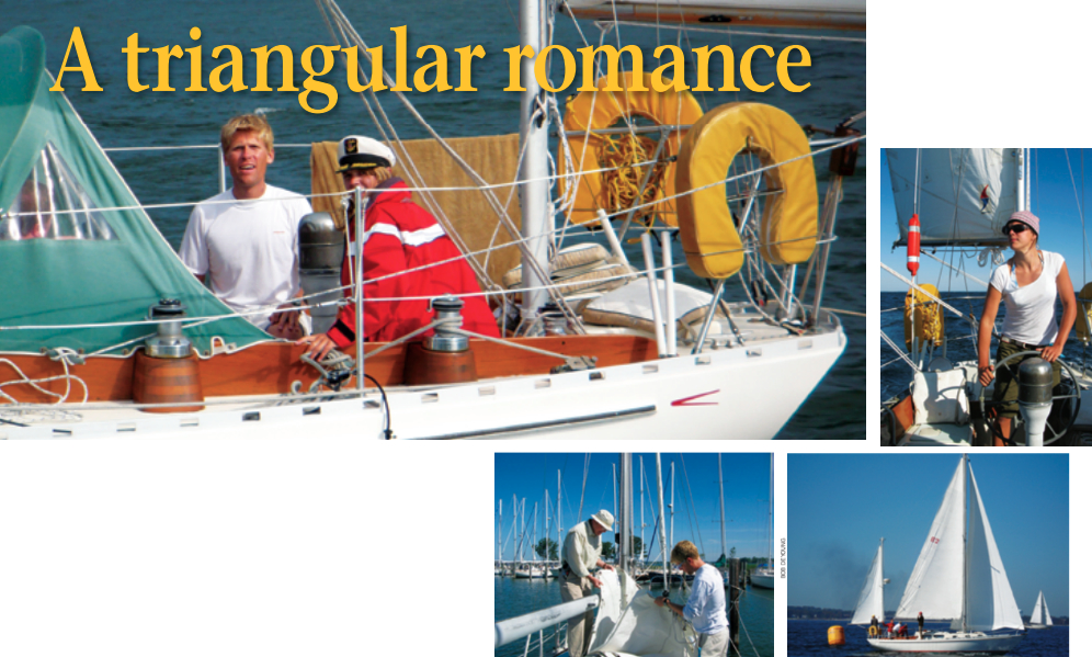 Serendipity had a hand in bringing together the trio of Andy Schell, his fiancee, Mia, and the Allied Seabreeze yawl, Arcturus, on facing page. Mia takes the helm as they sail Arcturus on her delivery voyage to Annapolis, at right. On a romping broad reach, Arcturus touched 8.5 knots surging down waves on, says Andy, “the best sail of my career.” As one of the last steps in a multi-year restoration project, Arcturus’ former owner, Ben Weems, helps Andy bend on the mainsail in preparation for the delivery sail to Annapolis from Oxford, Maryland, below left. Arcturus crosses the starting line of the 2008 Good old Boat Regatta under full sail.
