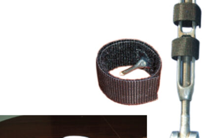 A few yards of Velcro One-Wrap, a handful of cotter pins, and a tube of epoxy, at left, are all it takes to make a slew of handy locks, center above, that fit in a jiffy to keep turnbuckles secure, at right.
