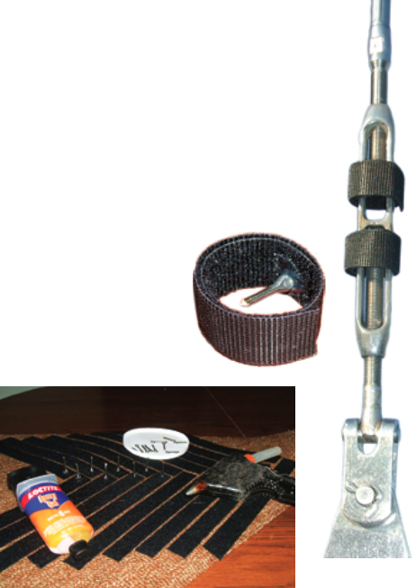 A few yards of Velcro One-Wrap, a handful of cotter pins, and a tube of epoxy, at left, are all it takes to make a slew of handy locks, center above, that fit in a jiffy to keep turnbuckles secure, at right.