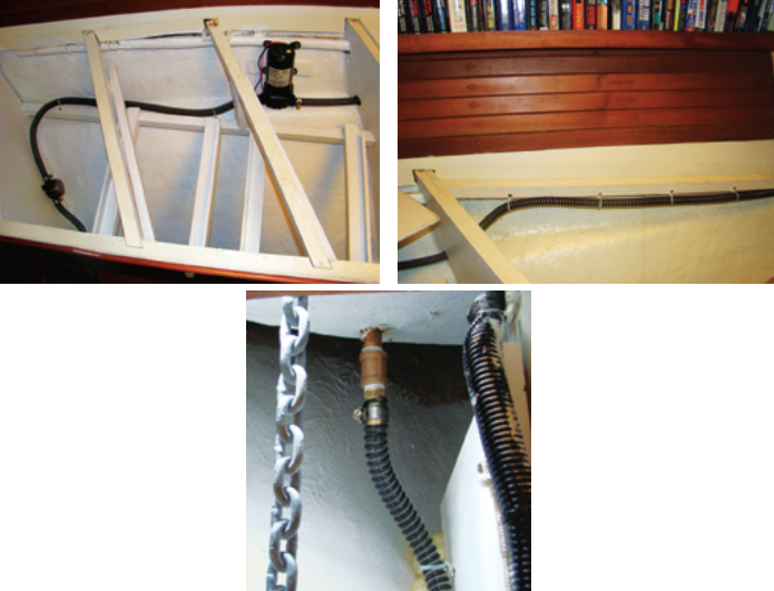 From the head intake, the wash-down supply hose passes through the bulkhead into the forward cabin, to a strainer, then to the pump, at left. The hose continues forward under the berth, at right, and into the chain locker, where it connects to the on-deck hose bib via a pipe extension, below.