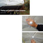 Bunching a handful of tarp around a golf ball, below, creates a secure form around which to tie a line, bottom. With a bucket of balls, even a mediocre golfer-turned-sailor can defeat the bogey of insufficient and ill-placed tie-down grommets in a winter tarp, left.