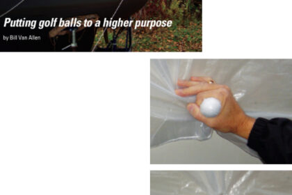 Bunching a handful of tarp around a golf ball, below, creates a secure form around which to tie a line, bottom. With a bucket of balls, even a mediocre golfer-turned-sailor can defeat the bogey of insufficient and ill-placed tie-down grommets in a winter tarp, left.