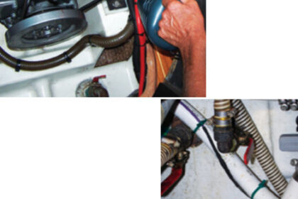 A periodic cleaning of the engine compartment provides a thorough inspection of belts, wiring, mounts, and fluid leaks, above. Barry operates each seacock quarterly to ensure it will function freely when needed, at right.