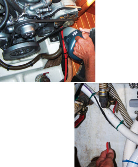 A periodic cleaning of the engine compartment provides a thorough inspection of belts, wiring, mounts, and fluid leaks, above. Barry operates each seacock quarterly to ensure it will function freely when needed, at right.
