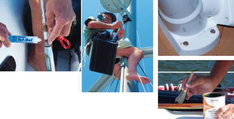 Annually, Barry loosens the turnbuckles and applies Tef Gel to the threads to prevent seizing, at left. Barry goes aloft regularly to check the rigging and make sure lighting, spreaders, and stay attachments are in good condition, center. He wears a Cruising Solutions headset for communicating with the deck crew. The boat’s heads suffer from cracks around the stand, at right above. Even with two layers of epoxy as a foundation, brightwork requires a fresh topcoat of varnish every three months, at right.