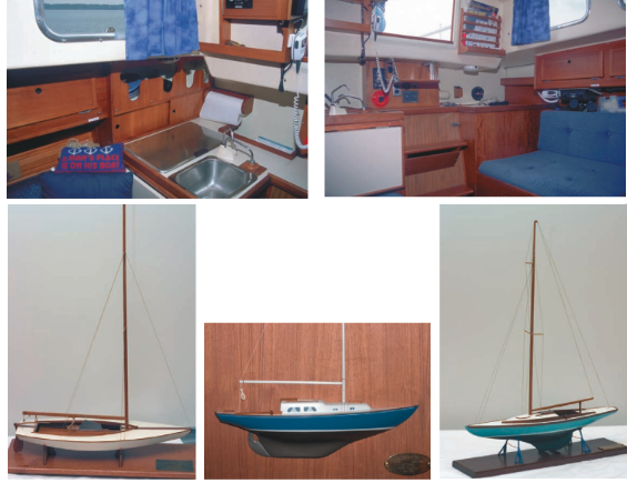 Alberg 30 interior, above, is traditional Carl Alberg through and through. Towney’s models, below from left to right: the 18-foot Hampton, the Alberg 30, and the H23 by Herreshoff.