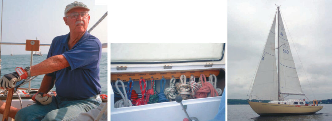 Rolph Townsend, Towney to his friends, top on facing page, is a low-stress skipper who oozes sailing and racing experience from every pore. His rope locker, below on facing page, and Skybird, at right, the Alberg 30 he skippered for hundreds of trophies and even more good memories.