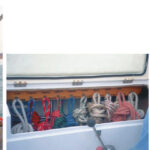 Rolph Townsend, Towney to his friends, top on facing page, is a low-stress skipper who oozes sailing and racing experience from every pore. His rope locker, below on facing page, and Skybird, at right, the Alberg 30 he skippered for hundreds of trophies and even more good memories.