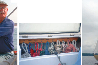 Rolph Townsend, Towney to his friends, top on facing page, is a low-stress skipper who oozes sailing and racing experience from every pore. His rope locker, below on facing page, and Skybird, at right, the Alberg 30 he skippered for hundreds of trophies and even more good memories.