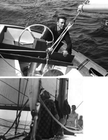Allan (at her helm, above) finished a Hughes 38 named Diana of York, but his heart still belonged to an R-class boat named simply Diana. Allan (aft of the mast without shirt on, at left) aboard his beloved Diana.