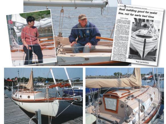 Puck Lautenbach, far left, has been a very supportive partner for her boatbuilder husband, Roger, center. Roger’s dinghy, Sunshine, was featured in the local paper many years ago along with a feature about the guy who was building dinghies in his garage. What the reporters didn’t know then was that the best was yet to come. That boat was the Allegra 24, below, which Roger built from a bare hull. She was named Sara, after their daughter. This beefy beauty is “a Flicka on sterioids,” as Roger puts it.
