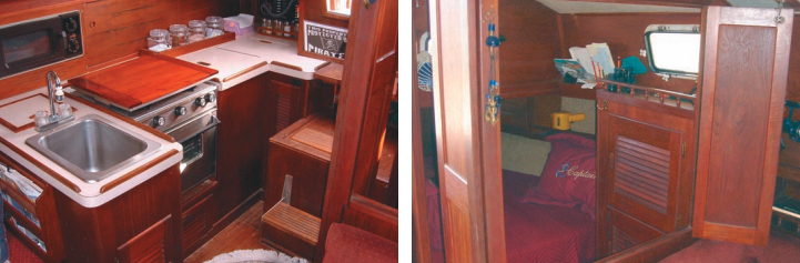 The galley, at left, has all the essentials — sink, gimbaled stove/oven, and 8-cubic-foot icebox, plus compartments for stowing pots and pans and dinnerware. The aft stateroom, at right, in the tri-cabin model is enclosed for privacy, but for anyone prone to claustrophobia, a hinged partition opens the space for improved light and ventilation. The shoal keel, shown in diagram below, is ideal for gunkholing, but compromises windward ability. Note the rudder hung on a partial skeg, the relatively high freeboard, and small rig.