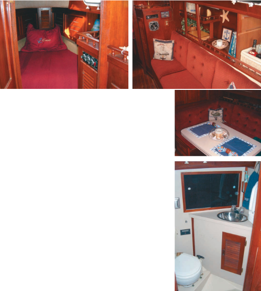 The V-berth, at left, is 6 feet 4 inches long and plenty wide. Outboard of the starboard settee, at right, are shelves for books and other stuff, like the starfish and plant on our test boat. There’s a U-shaped settee, below at top, to port that converts to a double berth with the lowering of the table. The head, at bottom, is a fiberglass module that is easy to wipe down and keep clean.