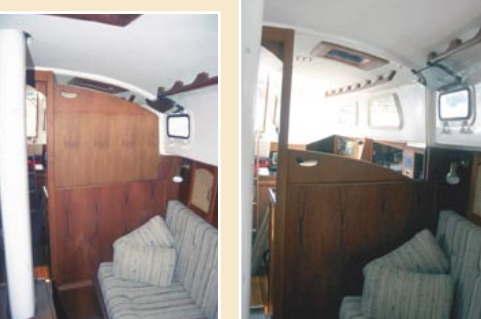 The port settee with the sliding bulkhead up (closed), looking aft, at left. The port settee with the sliding bulkhead down (open), looking aft, below.