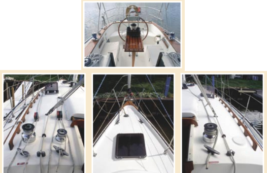 Facing page, the cockpit, center, the port-side winch/clutch/cleats, bottom left, the foredeck, featuring a large forward hatch, bottom center, and the starboard-side winch/clutch/cleats, bottom right.