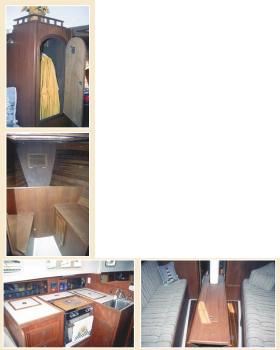 The port hanging locker with the shelf above, top. The forepeak sail bin and work area, above. The port-side, L-shaped galley, below left. The main saloon, looking aft, below right.