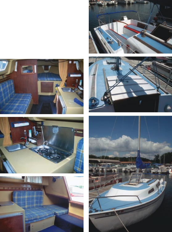The accommodations aboard the American 23, at left, seem remarkable. Stepping into the keel sump from the V-berth and companionway makes it possible to have 5 feet 10 inches of headroom. Deck layout, on facing page, is free of clutter with a comfortably wide self-bailing cockpit. The deck lacks cockpit lockers, however, and has an awkward grabrail.