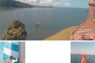 Ariadne, far left, off Portobelo, a heavily fortified outpost of the 16th century Spanish colonial empire. Jack on Ariadne in California in the early 1990s, far left. Beth, in Cuna mode, goes native in the San Blas islands, at right.