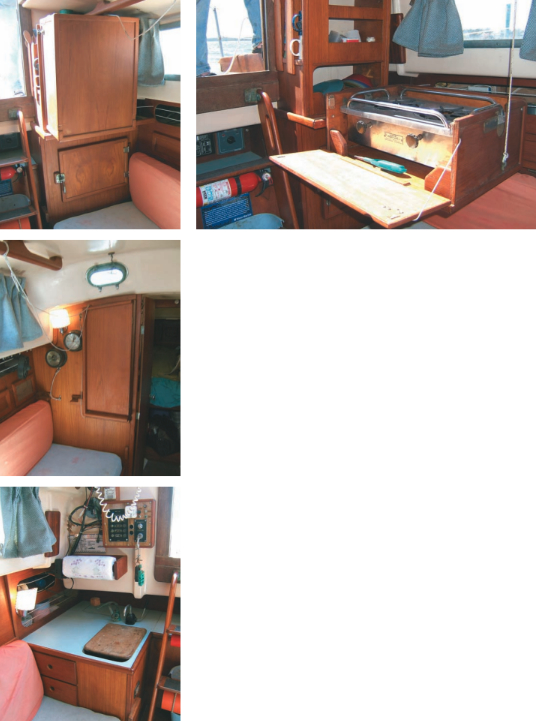 Without putting too fine a point on it, galleys were not the strong suit of the Tritons. Jack added a stove and vital cooking space by installing a Luke stove which folds up and out of the way when not in use, above and far left. The drop-down table, center left, and counter space, below left. Notice the fine woodwork throughout. Jack is a capable finish carpenter.
