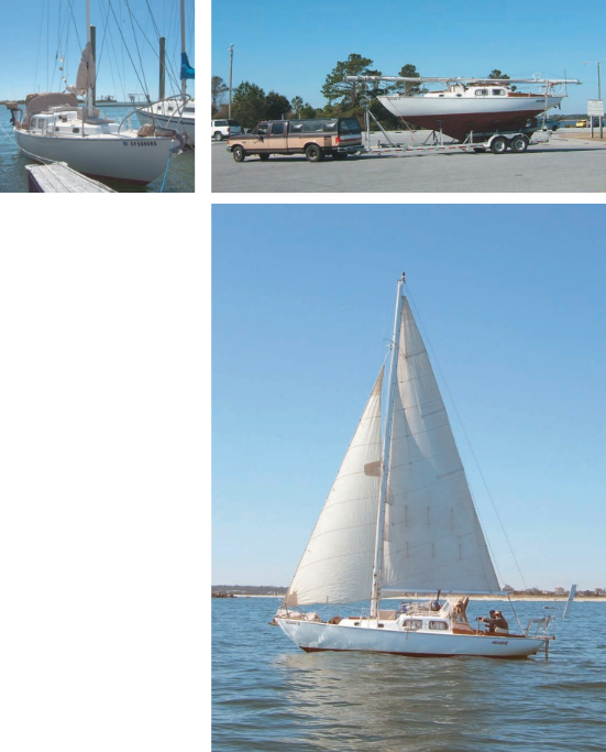 These days, Ariadne sails at Wrightsville Beach, above. Jack’s mighty road rig, top right. Jack’s hurricane strategy is simple: 1. load boat on trailer, 2. take boat far inland. Even while waiting contentedly in her slip in Wilmington, North Carolina, top left, Ariadne, appears to be ready and able to go anywhere at any time.