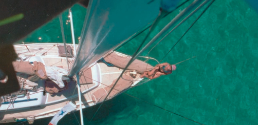 A view from the masthead, when Ariadne was in the Caribbean, shows the beautiful waters Jack and Beth enjoyed not long ago.