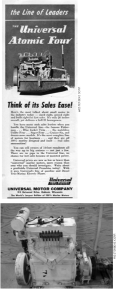 Universal Atomic 4 1950 trade show ad for the first model, above. It only claims 25 horsepower for the Atomic 4, not the 30 horsepower claimed later. Fahrney Hydro-Carbon Motor marine engine, 1901, below. The nameplate reads: Fahrney’s Hydro- Carbon Motor, Speed: 600, Type: Marine, HP: 8, No: 54, Built by E. H. Fahrney, Chicago, Patented March 5, 1901.