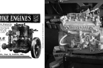 Facing page: an ad for the T&M (Termaat & Monahan) marine engine. This page, above right: an early Universal Atomic 4 UJ.